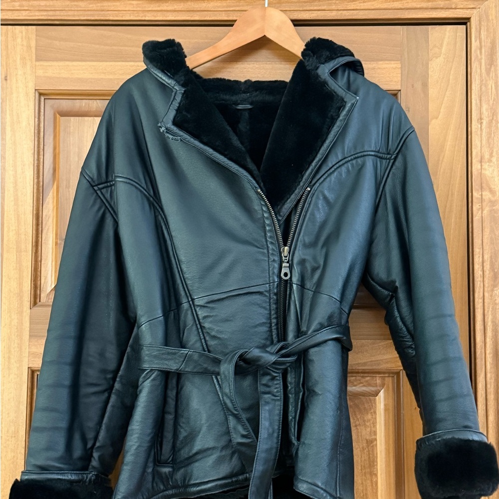 Black Faux Shearling Belted Jacket - Women